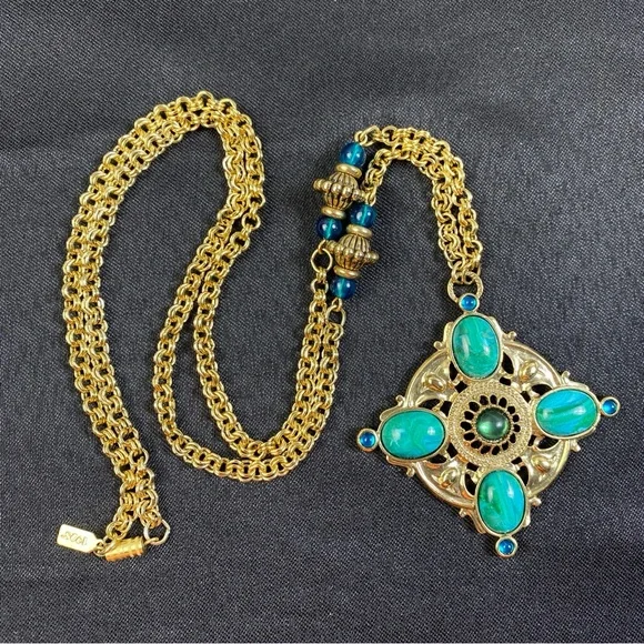 Vintage 1928 Chain Necklace Gold Tone Faux Pearl & Blue Green Cabochons 28" - Picture 6 of 12